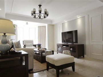 開(kāi)闊休閑美式120平米三居室客廳電視背景墻裝修效果圖