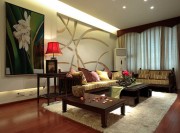 雅致荷韻中式風格90平米二居室客廳背景墻裝修效果圖