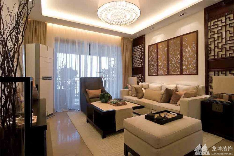 時尚現代中式風格90平米二居室客廳背景墻裝修效果圖