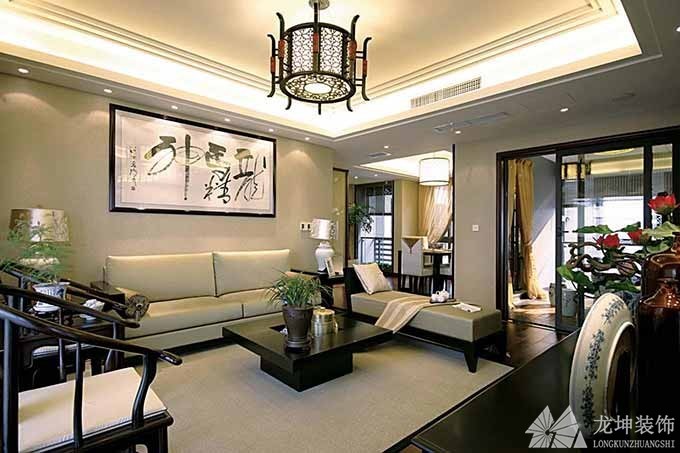 靜雅休閑中式90平米二居室客廳背景墻裝修效果圖