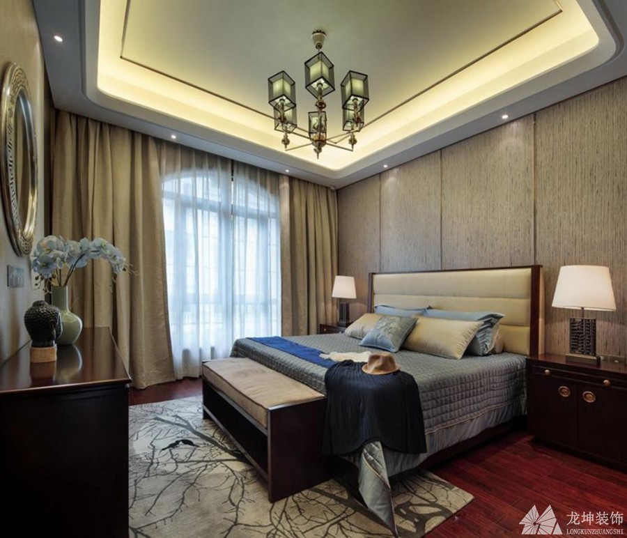 新中式沉穩大氣120平米三居室臥室吊頂裝修效果圖