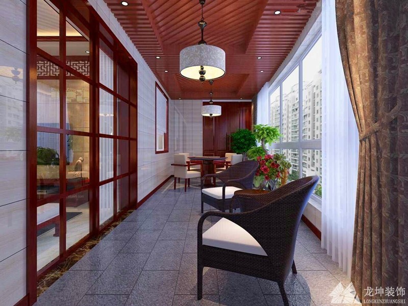 深沉雅致中式風(fēng)格110平米三居室陽(yáng)臺(tái)吊頂裝修效果圖