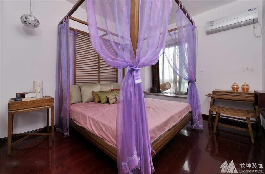 藍色文雅中式風格90平米二居室臥室背景墻裝修效果圖