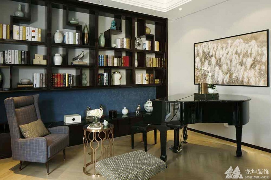 優雅大氣中式風格300平米別墅書房背景墻裝修效果圖