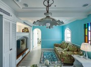 現代水色田園風格90平米二居室客廳吊頂裝修效果圖