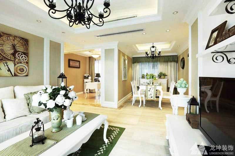 淡雅色調田園風格95平米二居室客廳背景墻裝修效果圖