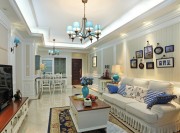 藍色清新田園風格100平米三居室客廳吊頂裝修效果圖