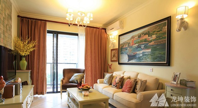 淡雅舒適田園風格90平米二居室客廳背景墻裝修效果圖